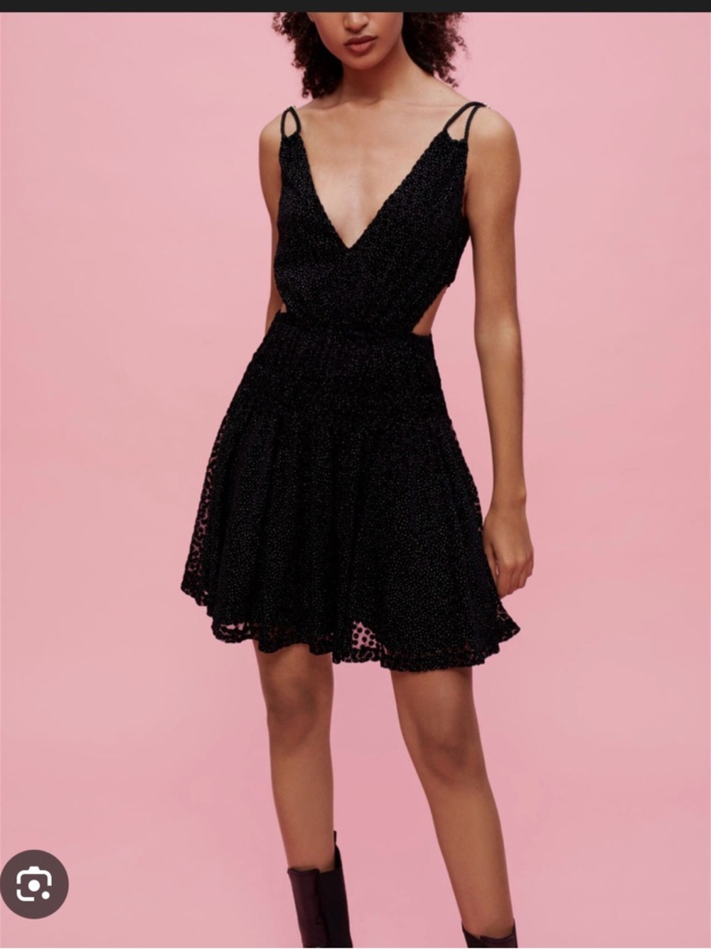 Maje Black Textured V‑Neck Double Spaghetti Strap Mini Dress